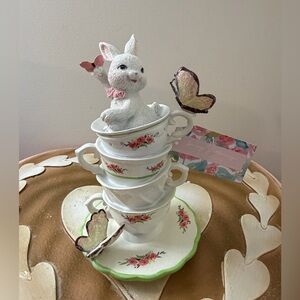 Easter Resin Bunny Rabbit in Stack of Teacups on Plate with Butterflies